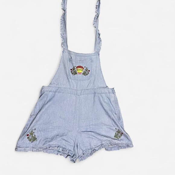 Hot Topic Blue Short Overalls β Frog & Mushroom Embroidery Adorable blu - Picture 1 of 4